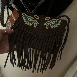 Wrangler Brown Crossbody Bag with Turquoise Embroidery and Fringe
